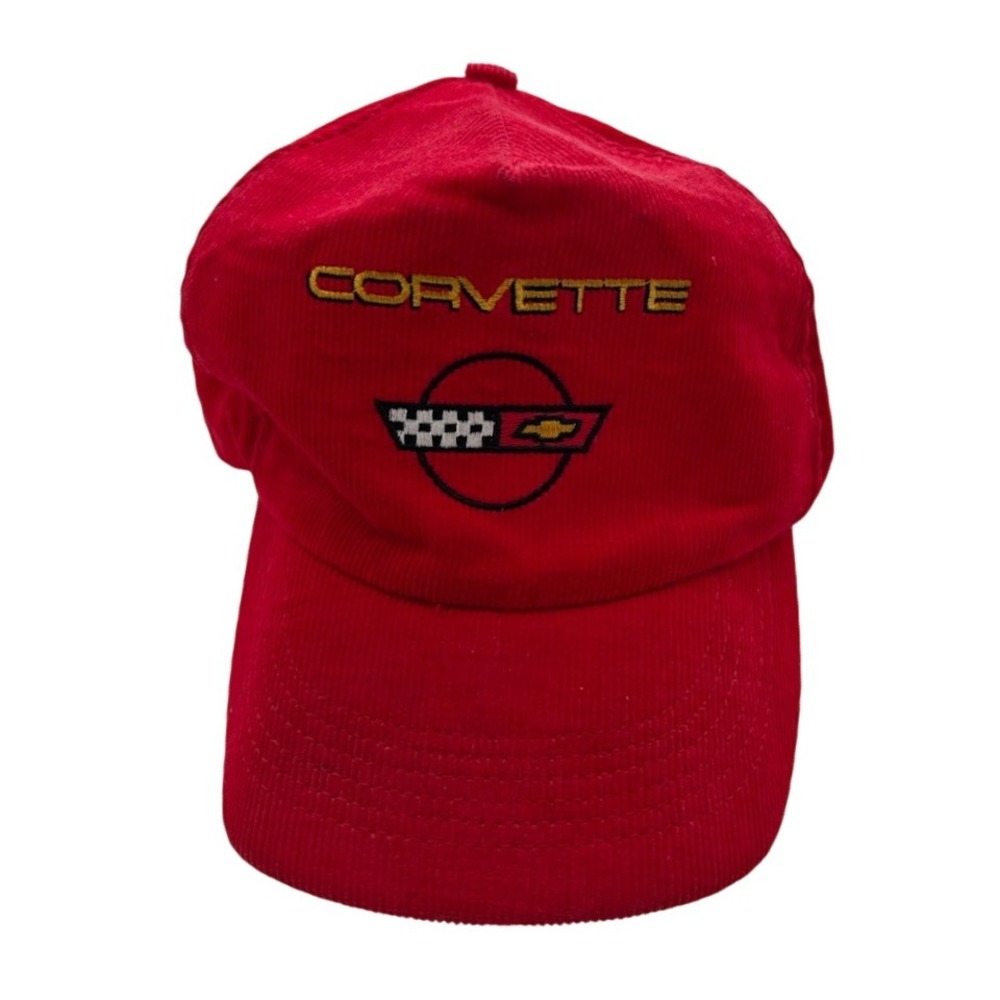 Vintage Corvette Hat Red Corduroy Embroidered Logo Adjustable Cap Made USA